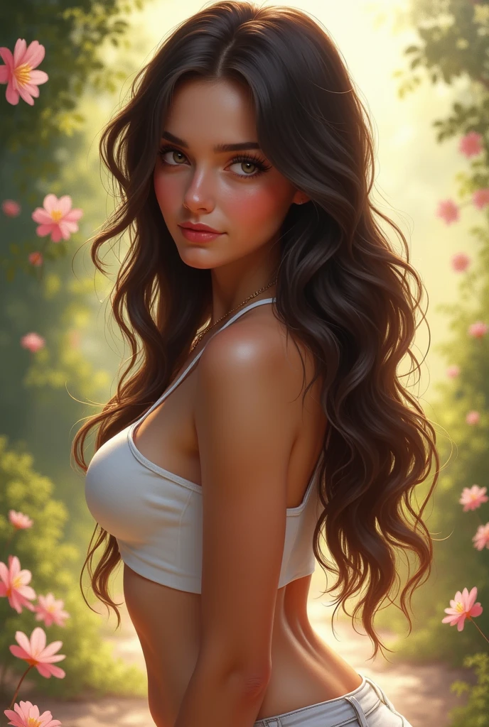 melancholy lighting, quiet, calm, brightness, masterpiece, best quality, 1girl, (JinxLol:1.2), (ultra photorealistic:1.3), (masterpiece:1.4), best quality, ((realistic)), high quality, ultra detailed, ((Real image)), ((realistic skin)), ((realistic face)),(illustration:1.05), (beautiful:1.05), (beautiful detailed eyes:1.05), (cinematic light:1.1), Full body, precise proportions, 18-year-old girl, skinny model lying on the grass, surrounding garden,  tree shadow, hair fluttering in the wind, COLORFUL CLOTHING, long legs, slightly open feet, buttocks, blush, shyness, collarbone, abdominals, double weave, beautiful and delicate face, fair skin, real skin, (face detail), pores, super high resolution, 8k, parameters Best quality, masterpiece, super high resolution, (Realistic 2.0), More details, detailed skin, wide smile, white teeth, voluminous curly hair,  perfect and well designed eyes, girlfriend, beautiful, beautiful, flowers, studio lighting