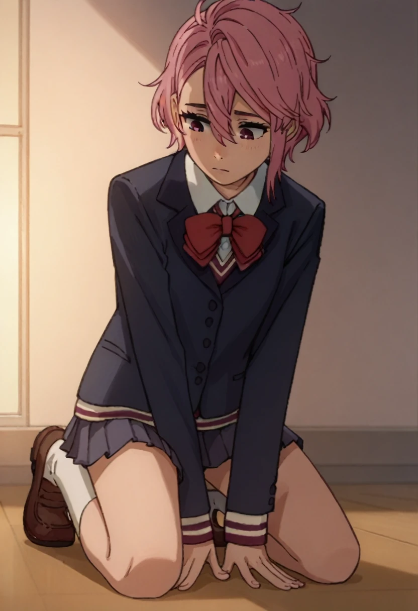 aira shiratori, pink hair, short hair, hair between eyes, pink eyes, school uniform, blue blazer, white collared shirt, red bowtie, long sleeves, sleeves past wrists, miniskirt, pleated skirt, white socks, brown footwear, dogeza, hands on floor, looking down, prostration, kneeling, face less, head on the floor, 