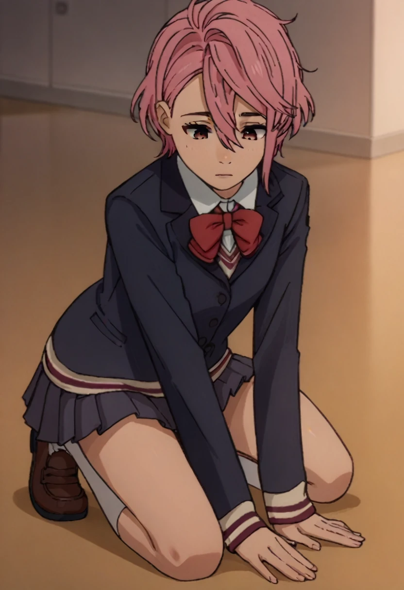 aira shiratori, pink hair, short hair, hair between eyes, pink eyes, school uniform, blue blazer, white collared shirt, red bowtie, long sleeves, sleeves past wrists, miniskirt, pleated skirt, white socks, brown footwear, dogeza, hands on floor, looking down, prostration, kneeling, face less, head on the floor, 