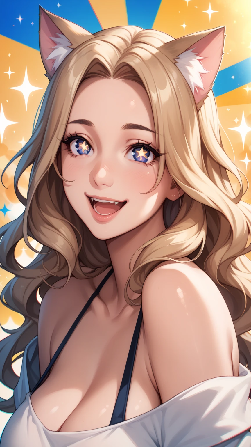 (masterpiece, best quality), ((1girl, (mature female) long hair), (star-shaped pupils,  +_+, symbol-shaped pupils, sparkling eyes), (cat ears, open open mouth)), (looking at viewer, light smile, off shoulder), (abstract, multicolored background, abstract background, chromatic aberration),