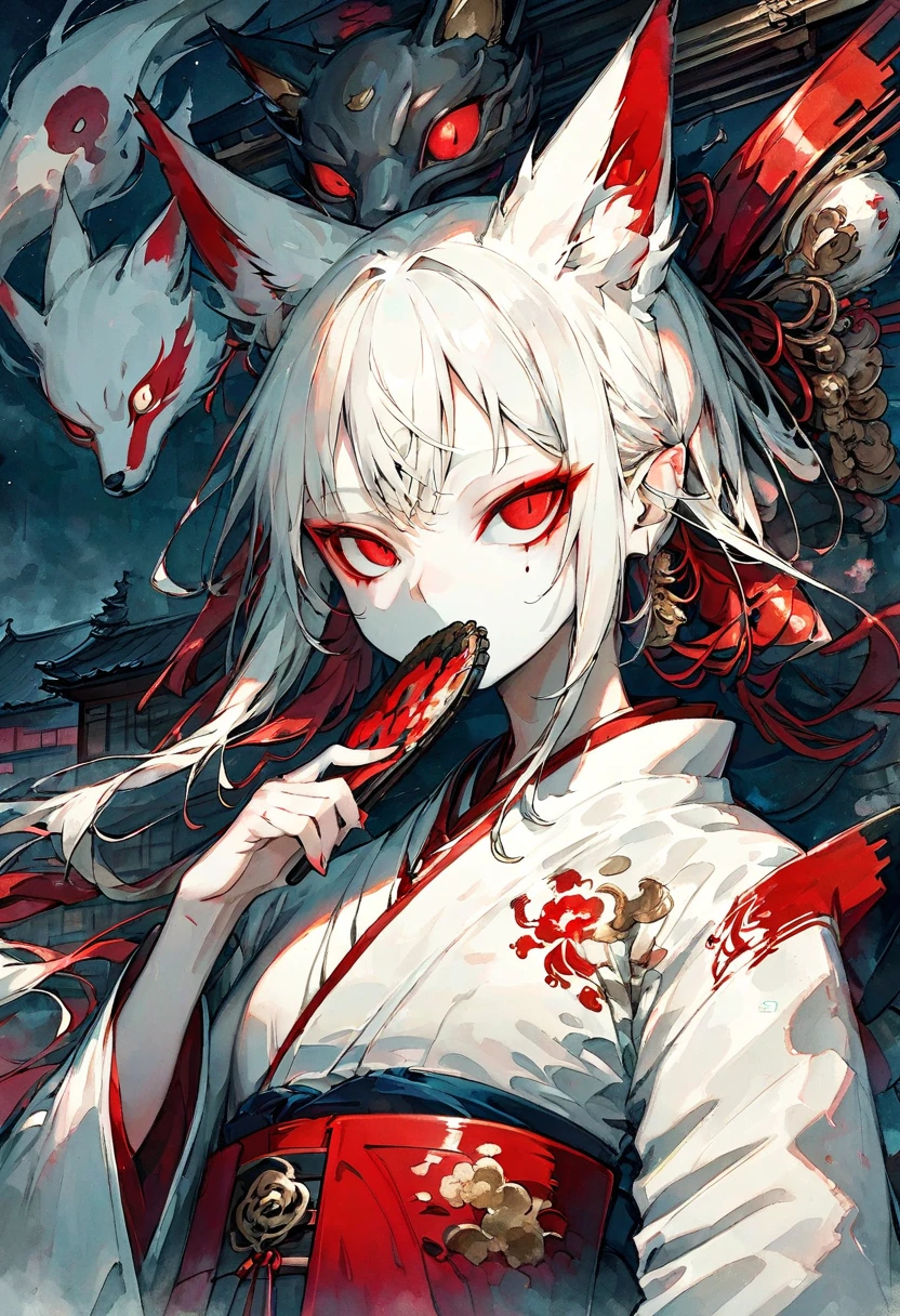 Masterpiece, highest resolution, highest quality, detailed depiction, beautiful, art, watercolor style, Japanese yokai, ((nine-tailed fox)), anthropomorphized fox, fair skin, slender eyes with distinct red eyeliner, silver hair, long hair, fox ears emerging from the head, beautiful white and red kimono, cool beauty, holding a large fan to cover the mouth, midnight, traditional Japanese house in the background, 4K graphics.