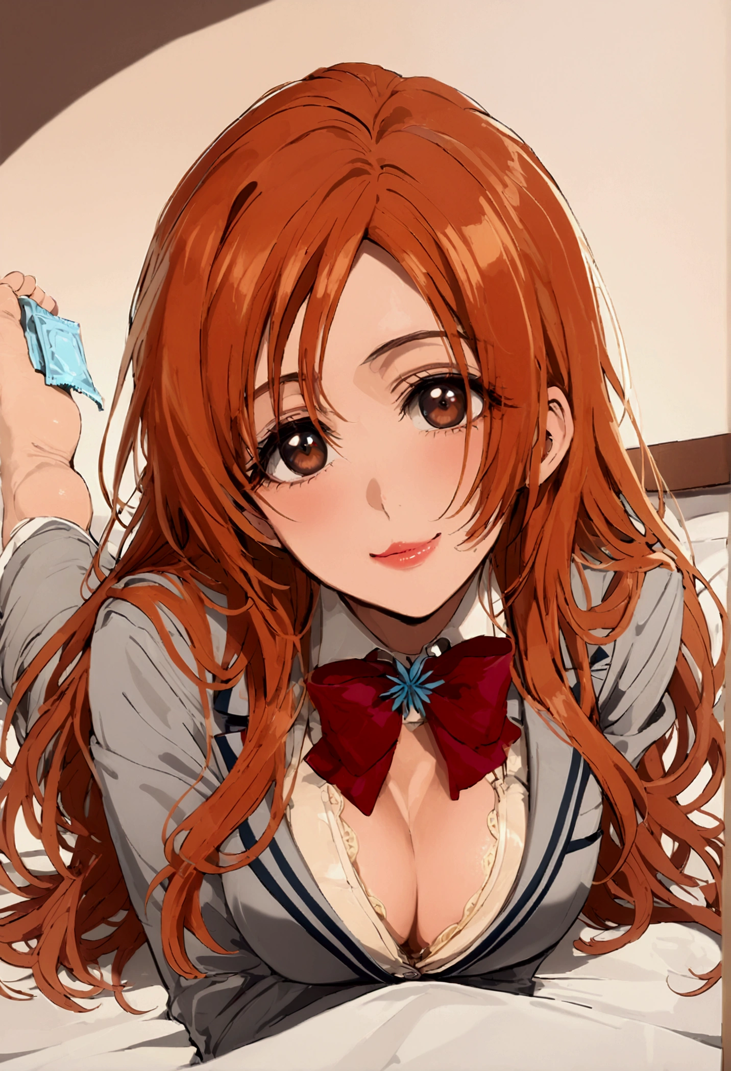 Inoue Orihime, long hair, orange hair, brown eyes, school uniform, blazer, grey blazer, shirt, white shirt, collared shirt, bowtie, red bowtie, cleavage cutout, laying down on bed  hands overhead, completely lying down, condom packaging surrounding her, smirking, top-down view,  full body in view, woman laying on stomach
