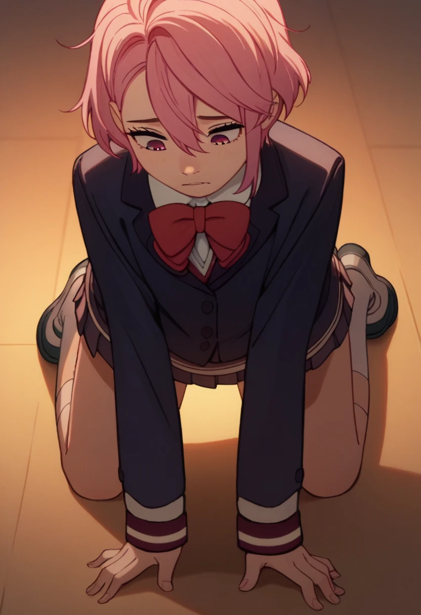 aira shiratori, pink hair, short hair, hair between eyes, pink eyes, school uniform, blue blazer, white collared shirt, red bowtie, long sleeves, sleeves past wrists, miniskirt, pleated skirt, white socks, brown footwear, (((dogeza, hands on floor, looking down, prostration, kneeling, face less))), 