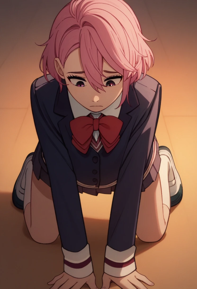 aira shiratori, pink hair, short hair, hair between eyes, pink eyes, school uniform, blue blazer, white collared shirt, red bowtie, long sleeves, sleeves past wrists, miniskirt, pleated skirt, white socks, brown footwear, (((dogeza, hands on floor, looking down, prostration, kneeling, face less))), 