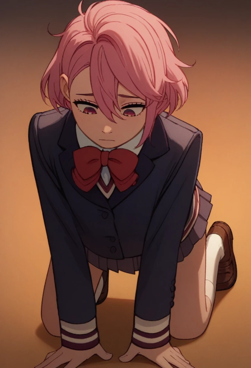 aira shiratori, pink hair, short hair, hair between eyes, pink eyes, school uniform, blue blazer, white collared shirt, red bowtie, long sleeves, sleeves past wrists, miniskirt, pleated skirt, white socks, brown footwear, (((dogeza, hands on floor, looking down, prostration, kneeling, face less, head on floor, face on floor))),