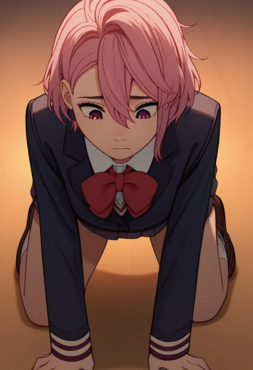 aira shiratori, pink hair, short hair, hair between eyes, pink eyes, school uniform, blue blazer, white collared shirt, red bowtie, long sleeves, sleeves past wrists, miniskirt, pleated skirt, white socks, brown footwear, (((dogeza, hands on floor, looking down, prostration, kneeling, face less, head on floor, face on floor))),