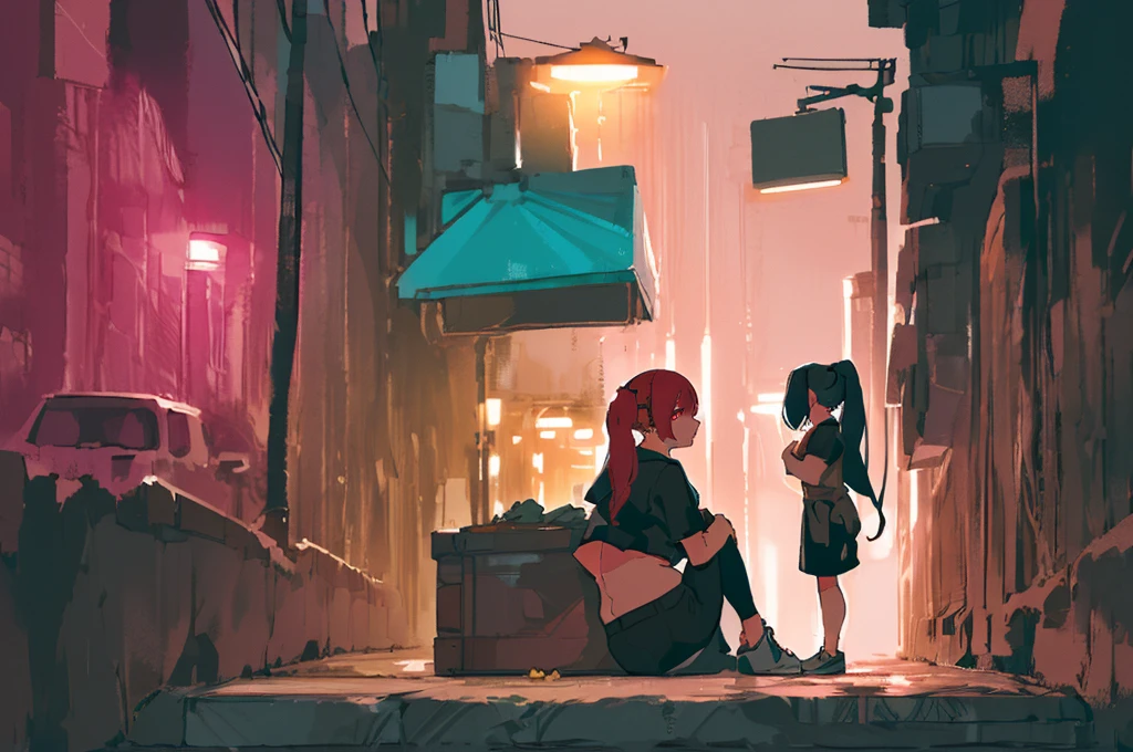 1girl,( side view , Characters are located in the distance:1.5),(Sitting at an angle on the stairs at the bottom left of the screen:1.5),(urban lonely street background, Streetlight,  dark night , moonshine:1.5),(City background,  Sports Jacket , Crop Tee, Black leather jacket , Crop Tee,  bulging stockings , Cyberpunk,  Dark Sky , Neon Light ,  Beautiful Night , Building Forest, road name, automobile,  Numerous Windows1.5), ,(A well-made chest:1.5), (Dark red eyes :1.5), (hair over one eye, rustling and messy hair, A full ponytail, Dark red hair, Long hair with strong curls,  sitting on a white background, left eye covered by hair, Ponytail that falls below the waist:1.5), (sneakers, flushing:1.5), ( shy expression , flushing:1.5), (Aegyo belly fat, dry thighs and buttocks, Slender waist :1.3)