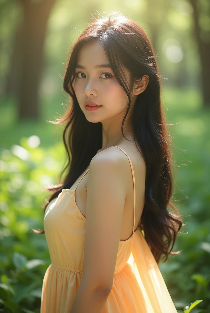 filmg, film portrait photography, 1girl, bare shoulders, wavy shoulder-length hair, serene, calm, (realistic detailed eyes, natural skin texture, realistic face details), soft dramatic lighting, depth of field, bokeh, vibrant details, finely detailed, hyperrealistic, 35mm film, hazy blur,film grain