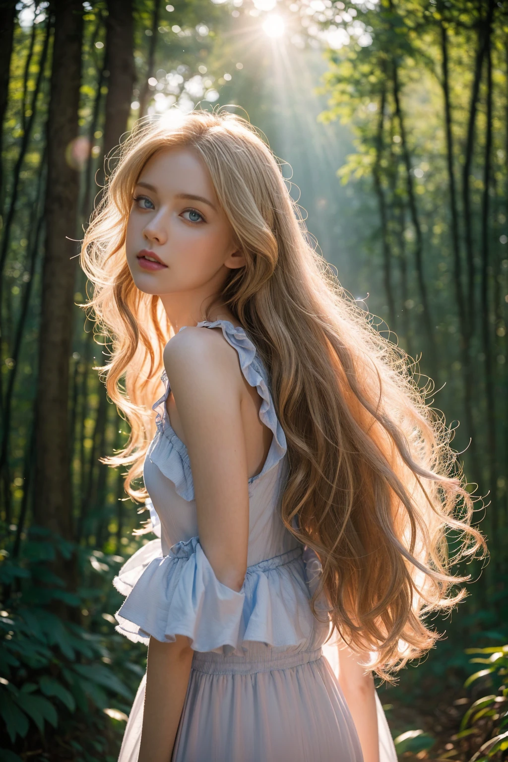 beautiful little sweet and shy forest fairy girl, , long blonde wavy hair, blue eyes, tiny white flower tight dress, big breasts, nice bottom, tiny white string panties, sitting on a trunk at the forest, nice legs.