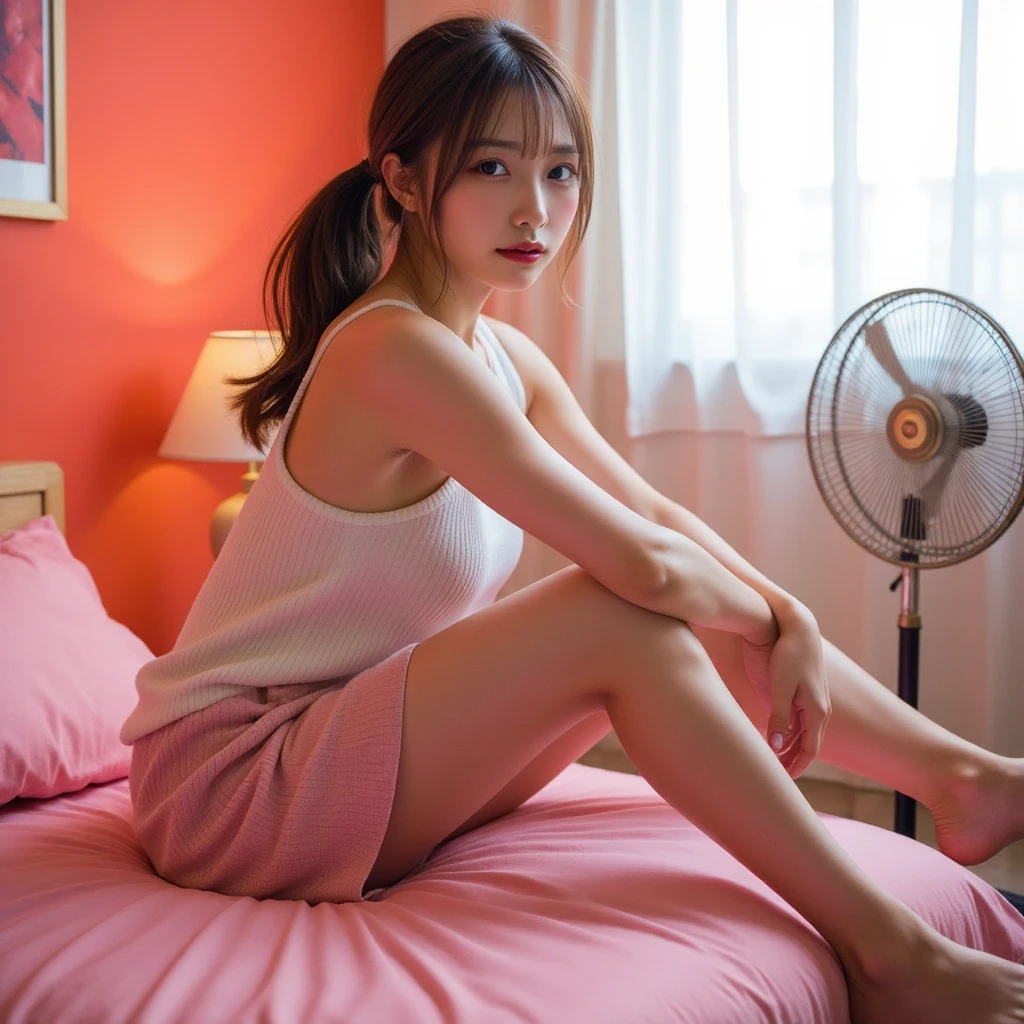 Perfect composition, Proper placement, Golden Ratio, masterpiece,  best quality,  Hi-Res,  one Japanese woman,  big beautiful Japanese woman on neon background, hugging own legs;1.331, In the girl's cute room ,  the retro fan is placed , It's cool compared to the fan,  She's opening her mouth to the fan:1.331,  white tank top ,  pink hotpants :1.21,  anatomically correct ratio :1.331,  has a small head :1.331, Slender body:1.331,  thin waist:1.331, Thin limbs:1.331,  flat chest:1.331, Brown Hair,  wavy hair ,  hair that flutters like, Summer daytime, Light and Shadow, Movie Lighting, 