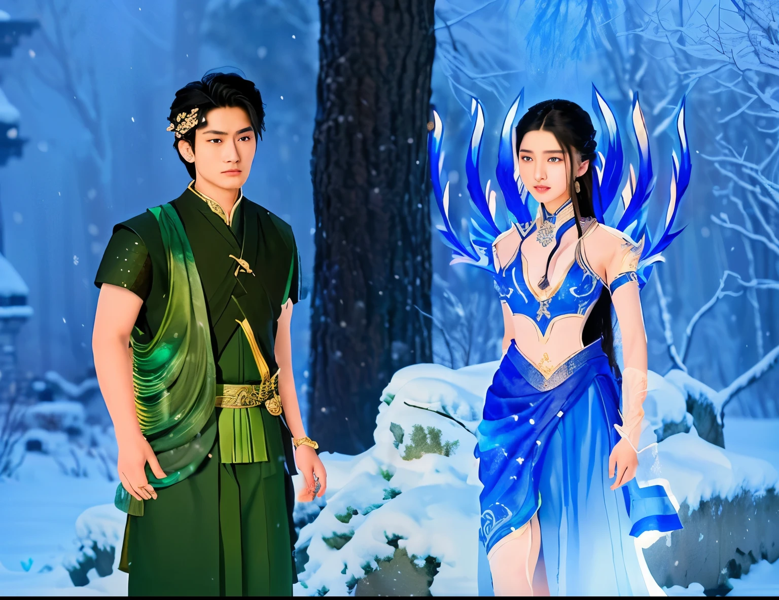 there are two people standing next to each other in a snow scene, mahira khan as a mage, fantasy fairytale story, xianxia fantasy, inspired by Ren Renfa, boy girl traditional romance, fantasy art style, still from a fantasy movie, inspired by Fan Kuan, style of arcane tv series, james cameron avatar style, queen of ice and storm