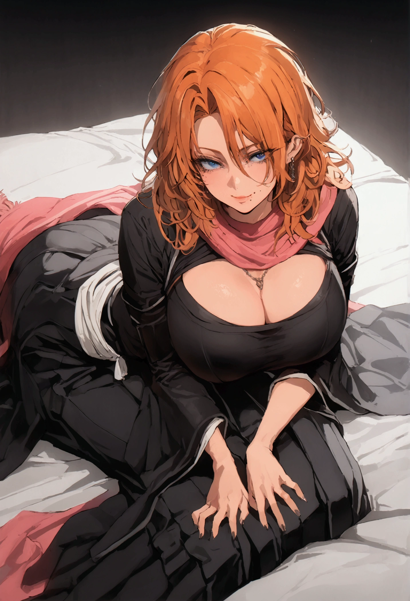 Rangiku, short hair, orange hair, blue eyes, hair between eyes, mole under the mouth, necklace, shinigami outfit with black kimono and hakama white sash and pink scarf, red bowtie, cleavage cutout, laying down on bed, completely lying down, condom packaging surrounding her, smirking, full body in view, woman laying on stomach, massive cleavage 
