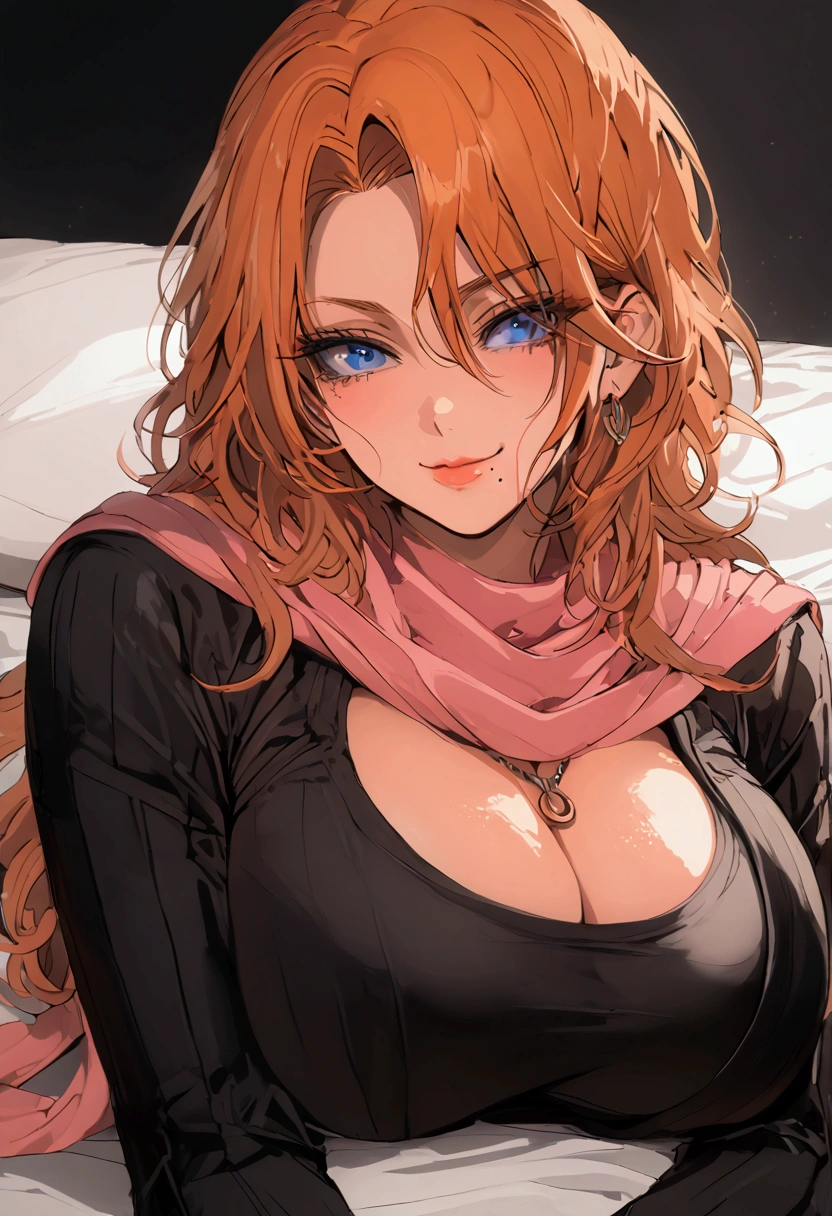 Rangiku, short hair, orange hair, blue eyes, hair between eyes, mole under the mouth, necklace, shinigami outfit with black kimono and hakama white sash and pink scarf, red bowtie, cleavage cutout, laying down on bed, completely lying down, condom packaging surrounding her, smirking, full body in view, woman laying on stomach, massive cleavage 
