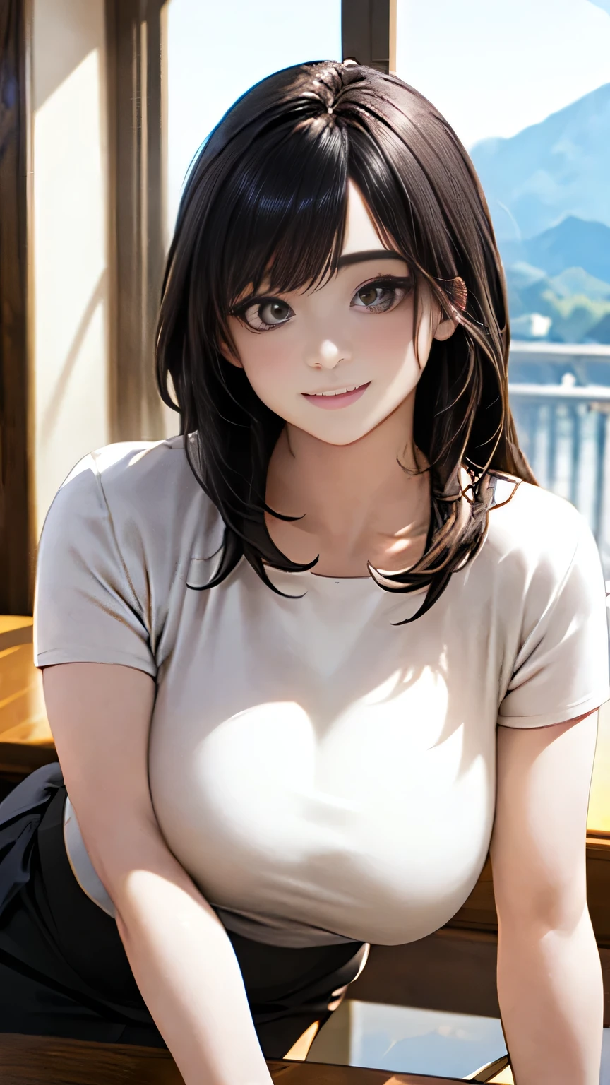 Top Quality, Masterpiece, Ultra High Definition, (Photorealistic: 1.4), (Look Off: 1.4), (Look Off: 1.4), No Look at Camera, Raw Photo, One Girl, Dark Hair, (Straight Bobs: 1.4), (Patsun: 1.4), Bangs, Sad, Blushing, , Glossy Skin, Dramatic Lighting, Neat, T-Shirt, White Summer Sweater, (Big: 0.9), Parks Front House, The Bra Could Be Seen Faintly Visible Through The Clothes, (Transparent Bra:0.7)