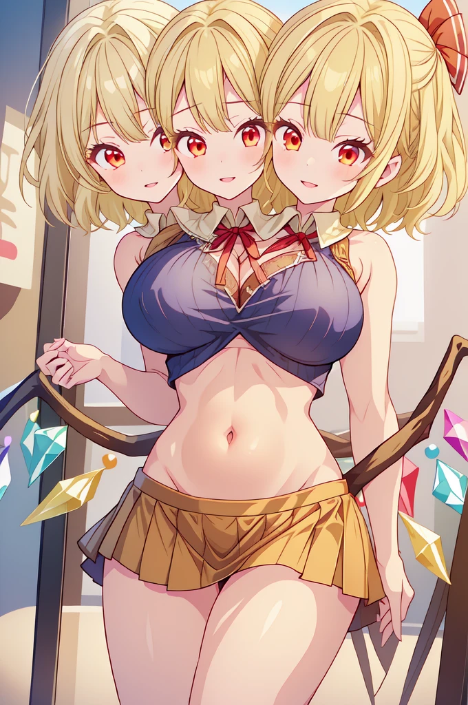 (masterpiece, best quality), best quality, best resolution, (ultra-detailed), ((3heads:1.5)), ((three headed girl:1.5)), 1girl, (flandre scarlet :1.3), masterpiece, best quality, ultra quality, ultra resolution, ultra detail, red top, crop top, ((stomach)), midriff, ((groin)), red skirt, normal ears, shackles, blonde hair, short hair, small bangs, red eyes, parted lips, smiling, cute smile, cute, toned belly, hand on own chest, eyelashes, (2 woman:1.3), (masterpiece:1.5), (best quality:1.5), (beautiful detailed:1.5), extremely detailed CG, extremely delicate and beautiful, depth of field, (finely detailed face), (perfect details:1.3), (mature female:1.3), wide pelvis, slender, very huge veiny breast, 16k resolution, highres, high quality, high definition, extremely detailed, masterpiece, best quality, blonde hair, short hair, alluring presence, smiling, short skirt, close up, very big breasts, very huge breasts, young, small red bow, (wearing a white mobcap with red ribbon:1.5), artificial wings, wings, tip of her wings her 8 crystals which are presented in seven colors: light blue, blue, purple, pink, orange, yellow, light green and finally light blue again.girl with three heads, three headed girl, ((blonde:1.5)),
