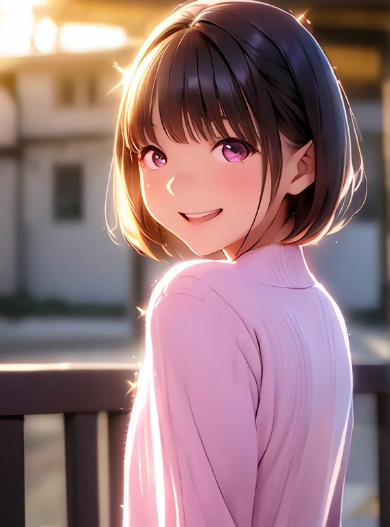   Hi-Res ,In 8K, best quality, Details,Semi-realistic anime, D-anime style, smooth animated CG, one girl , 19-year-old Japanese woman, very cute ,slim,modeling,((Sparkling Eyes)),(( very short hair)),(( short bob)),(Maroon Glowing Hair ), pink lips, Shiny brown hair,(( light colored cardigan )),(( medium pleated skirt)), Detailsな顔,Beautiful and  Details,,((深い青紫色のSparkling Eyes)),(Open your mouth),(Laughter),(( beautiful silhouette )),(( clothes from the late Taisho period))、((No bangs))、((hair intakes)),(forehead),(In the waves of the morning sun shining light ),((Transparency)),