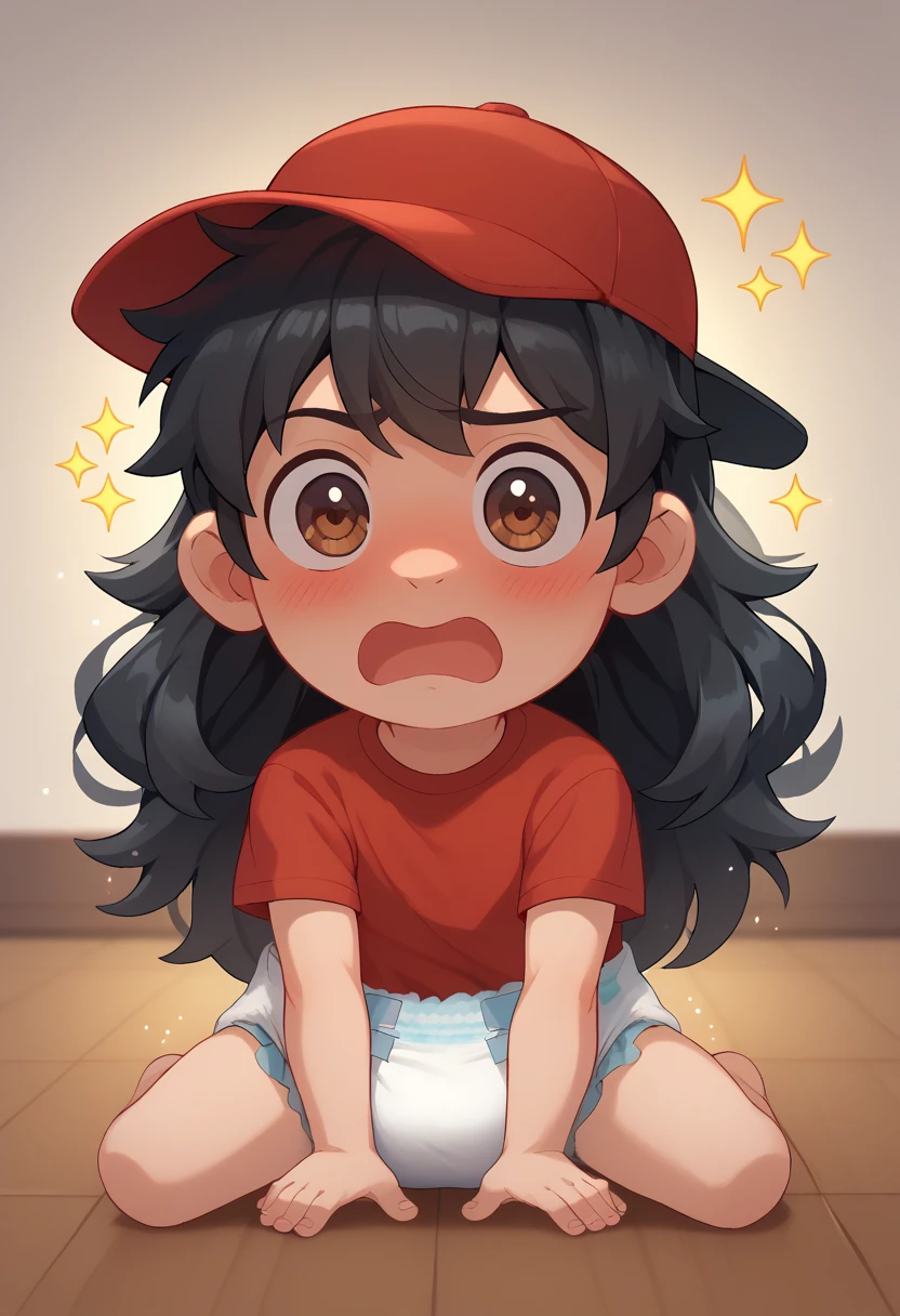 male, adult, cute, abdl, solo ,black hair, long hair, red baseball cap with a "M" ,red shirt, brown eyes, embarrassed , confused, Open mouth, confused, blushed,thick lines , black hair, magic sparkles, multiple sparkles, POV, full body, diaper, naked, baby room, baby toys,