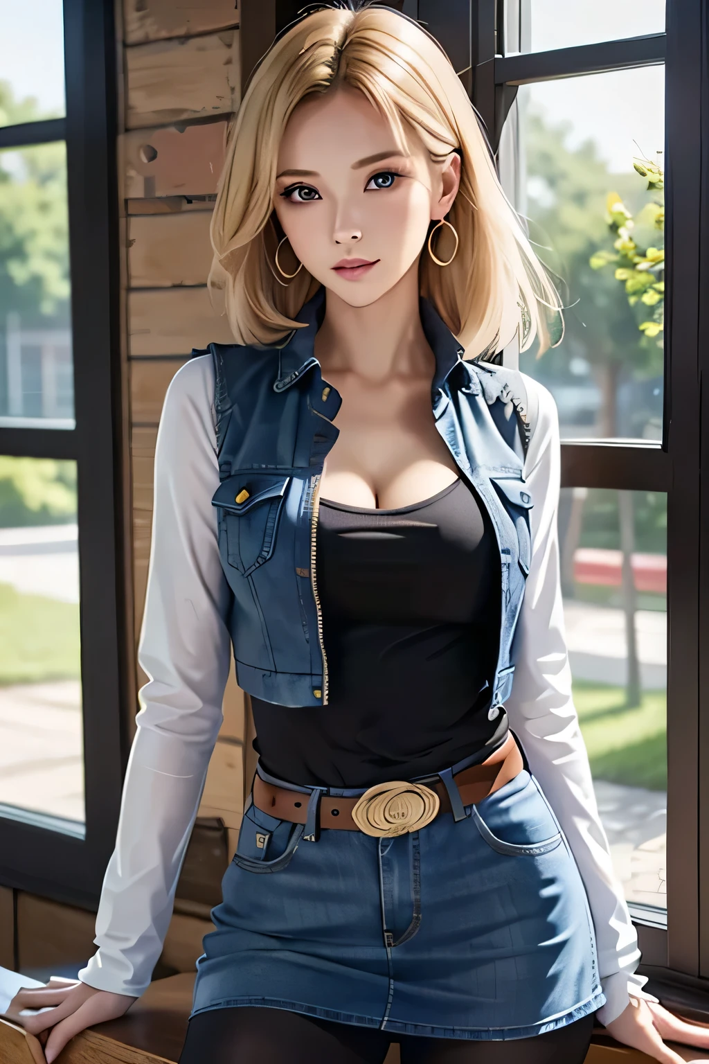 (highres,photorealistic) beautiful lady, short hair, (extremely detailed eyes and face, long eyelashes), (detailed lips), (vivid colors), (sharp focus), (studio lighting)One girl wears a denim skirt and a Black T-shirt with high cleavage shirt standing in front of the window, Young beautiful amouranth, hyper realistic anime, seductive anime girl, perfect android girl, photorealistic perfect body, realistic anime 3d style, beautiful blonde girl, beautiful alluring anime woman, hyperrealistic schoolgirl, sexy look, cyberpunk 2 0 y. o model girl, attractive anime girl, Android 18, Wind cut hair, Light Blonde hair, Blue Transparent eyes of Slavic Caucasians, The flash in the eyeballs is brilliant, Wearing round earrings, Tight Long sleeves with black stripes on a white background, Blue denim mini vest, Blue denim mini skirt, The denim skirt's zipper seam line and stitching run vertically straight to the bottom of the skirt, Open-chested denim vest, Large breasts, Women's Western Cowboy Belt, Brown see-through pantyhose, Western short boots, Looking at viewer, Her whole body is visible on the screen, Her entire body is visible on the screen, from her head to her boots, On a bench, Slight smiling with closed lips standing next to bench , Blue sky, , outside, park, grass, Summer, trees, blue sky, high quality, masterpiece,