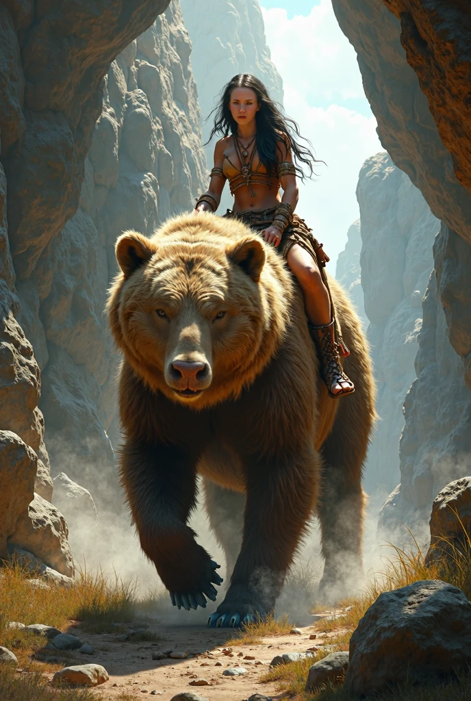 beautiful russian model riding on the back of a bear in snow