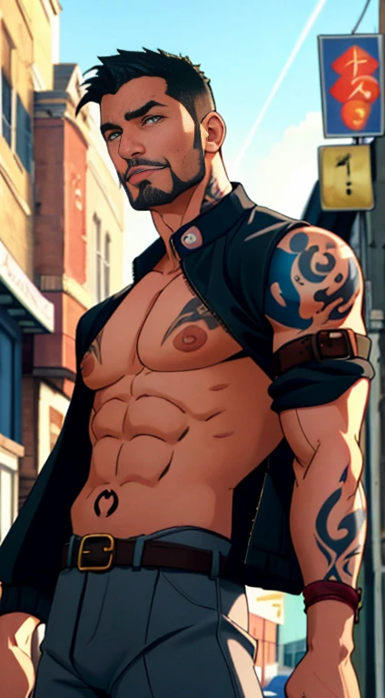 1 man, muscular athletic , bearded, tattooed, BDSM costume , Naked, posing on the street, wearing jacket , black jockstrap and leather harness , deep and charming eyes , sunlight muscles , muscular athletic , wearing jacket y arnés de cuero, High resolution, detailed penis , defined muscles.