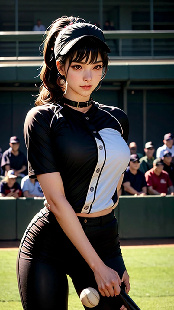 Long Hair,  black haired, bangs,  ponytails, beautiful, beautiful woman,  perfect body, Perfect breasts, Big Breasts,  chest visible,  wearing a black softball uniform on the softball field,  wearing a black softball hat , ソフトボール場で,  holding softball on the softball field ,  Viewers,   faint smile  ,  realism, masterpiece, textured skin, Super detailed,  high detail,  High Quality , 最 High Quality , 1080P, 16k