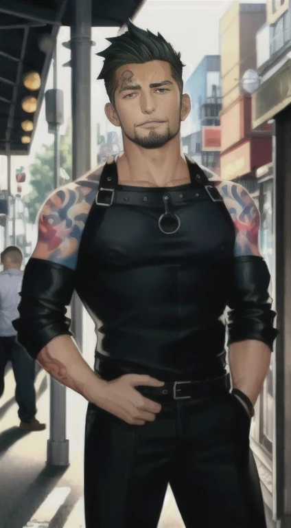 1 man, muscular athletic , bearded, tattooed, BDSM costume , Naked, posing on the street, wearing jacket , black jockstrap and leather harness , deep and charming eyes , sunlight muscles , muscular athletic , wearing jacket y arnés de cuero, High resolution, detailed penis , defined muscles.