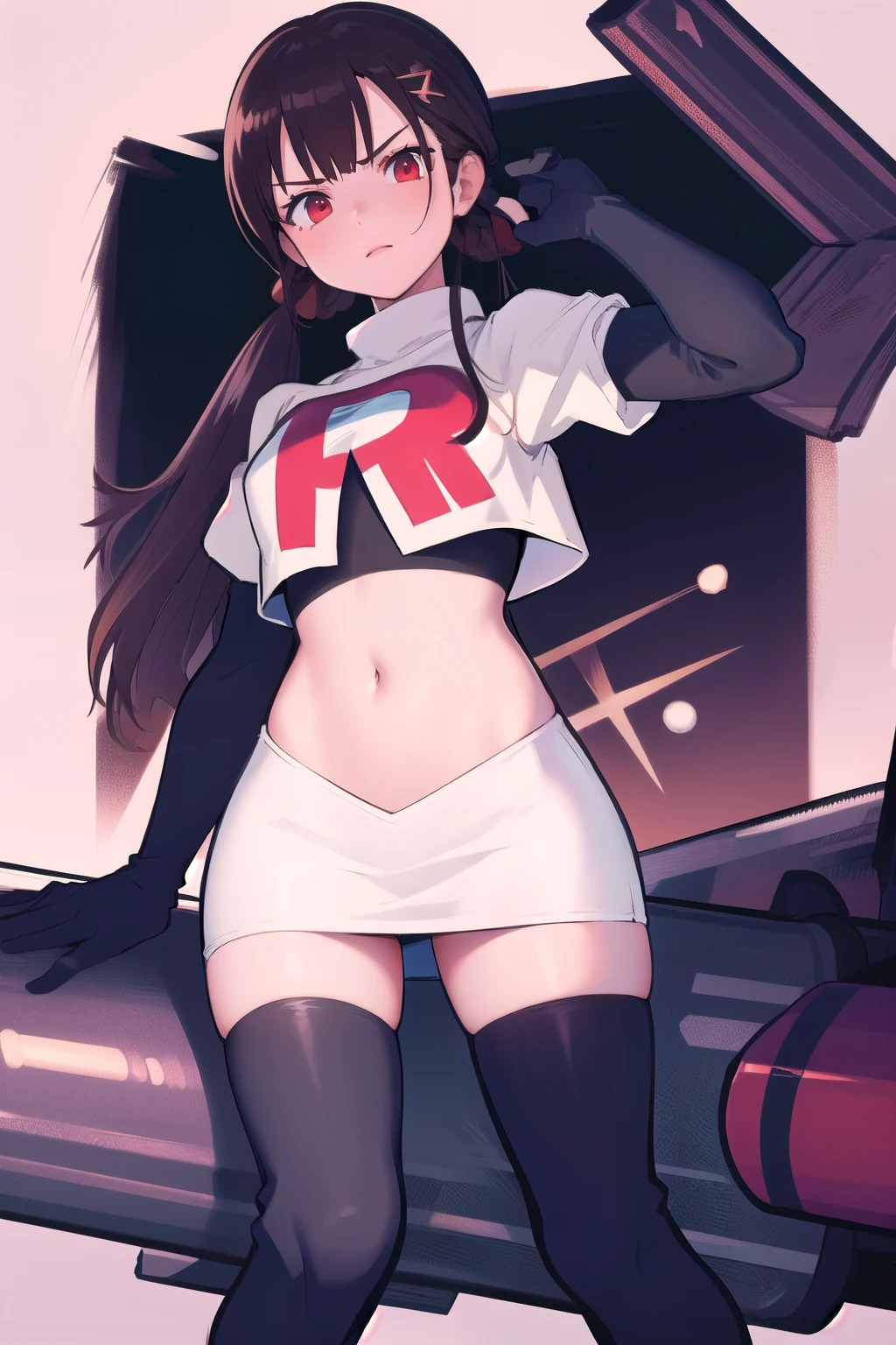 masterpiece, Highest quality, Ultra high definition, Spring Roll, Red eyes, Brown Hair, Low twin tails, Red scrunchie, Mole under the eye, Hair Clip, team rocket,team rocket uniform,white skirt,red letter R,crop top,black thigh-highs,black elbow gloves, cowboy shot,