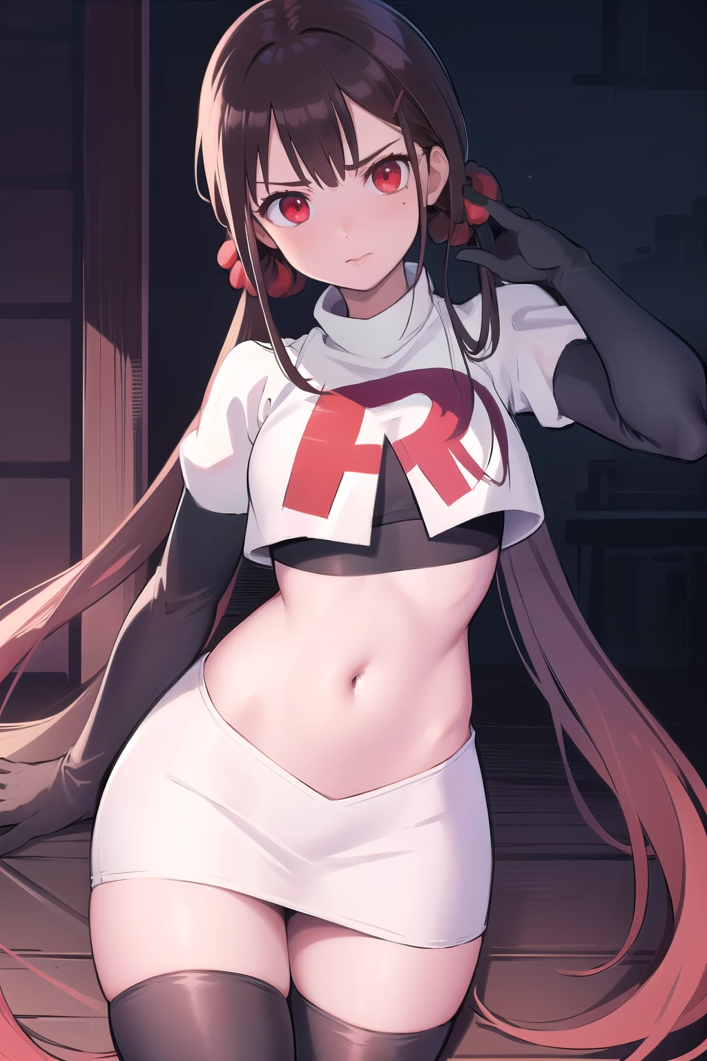 masterpiece, Highest quality, Ultra high definition, Spring Roll, Red eyes, Brown Hair, Low twin tails, Red scrunchie, Mole under the eye, Hair Clip, team rocket,team rocket uniform,white skirt,red letter R,crop top,black thigh-highs,black elbow gloves, cowboy shot,