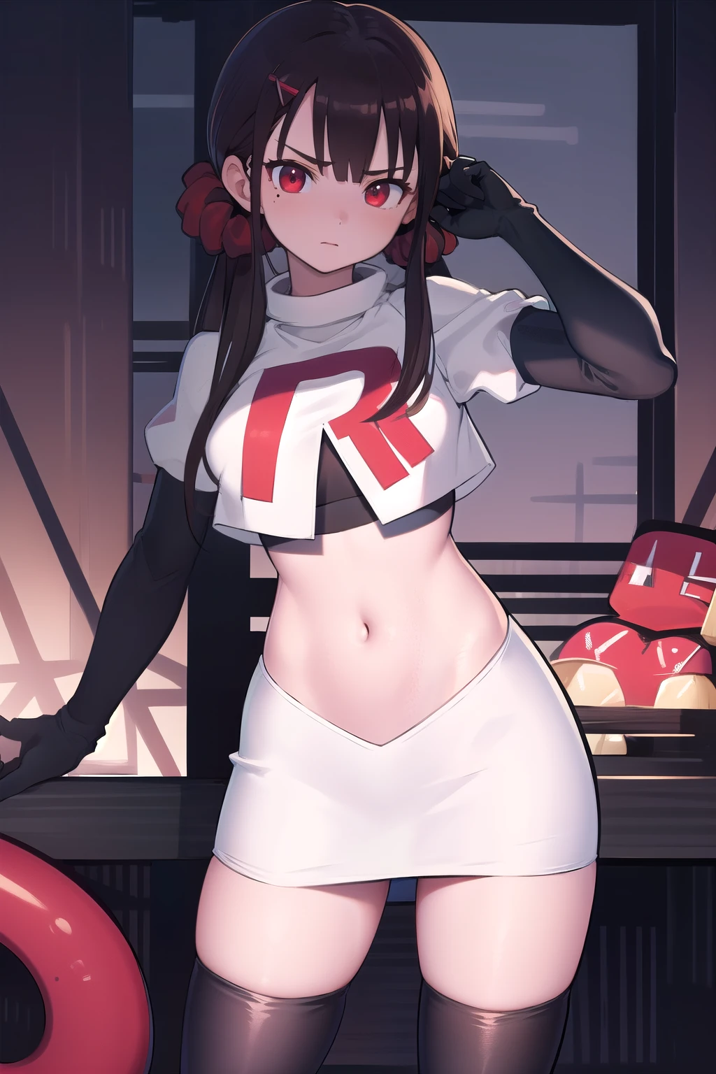 masterpiece, Highest quality, Ultra high definition, Spring Roll, Red eyes, Brown Hair, Low twin tails, Red scrunchie, Mole under the eye, Hair Clip, team rocket,team rocket uniform,white skirt,red letter R,crop top,black thigh-highs,black elbow gloves, cowboy shot,