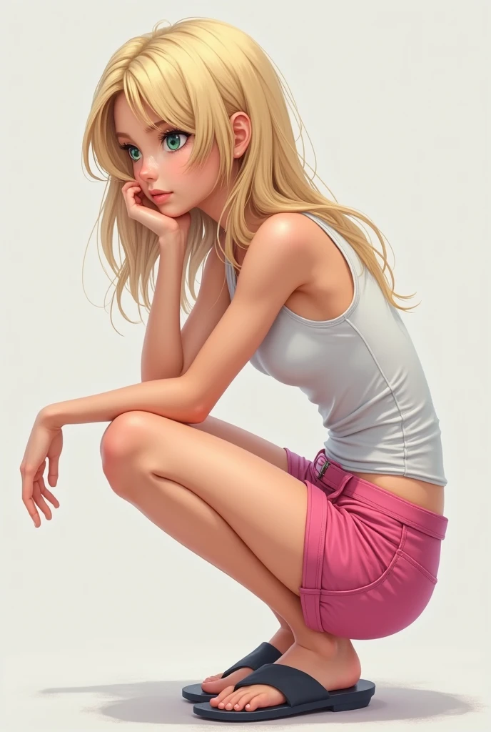 1 very skinny European girl, blonde, very happy, open mouth, forest, white skin, tiny, wavy hair, long t-shirt, knickers, full body, very excited, squatting posing, socks, sweat, very detailed body, very detailed face, very small breasts, small ass, small butt, thin waist, seductive smile, shiny skin (detailed blonde eyebrows), beautiful eyes, realistic skin, detailed face, ultra-realistic, sharp and highly detailed focus, 8k, side view