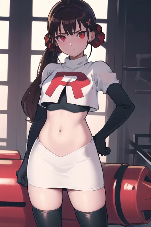 masterpiece, Highest quality, Ultra high definition, Spring Roll, Red eyes, Brown Hair, Low twin tails, Red scrunchie, Mole under the eye, Hair Clip, team rocket,team rocket uniform,white skirt,red letter R,crop top,black thigh-highs,black elbow gloves, cowboy shot,