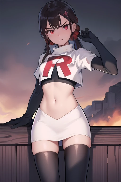 masterpiece, Highest quality, Ultra high definition, Spring Roll, Red eyes, Brown Hair, Low twin tails, Red scrunchie, Mole under the eye, Hair Clip, team rocket,team rocket uniform,white skirt,red letter R,crop top,black thigh-highs,black elbow gloves, cowboy shot,