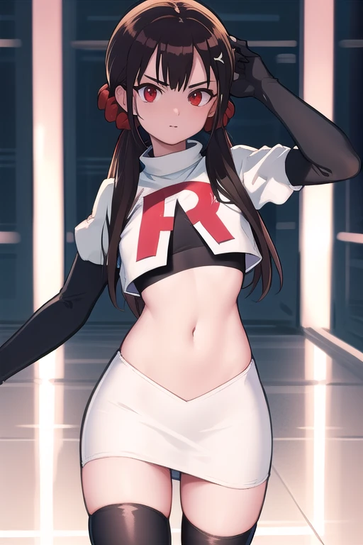 masterpiece, Highest quality, Ultra high definition, Spring Roll, Red eyes, Brown Hair, Low twin tails, Red scrunchie, Mole under the eye, Hair Clip, team rocket,team rocket uniform,white skirt,red letter R,crop top,black thigh-highs,black elbow gloves, cowboy shot,