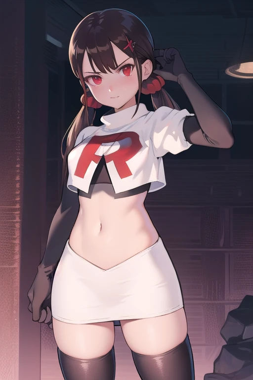 masterpiece, Highest quality, Ultra high definition, Spring Roll, Red eyes, Brown Hair, Low twin tails, Red scrunchie, Mole under the eye, Hair Clip, team rocket,team rocket uniform,white skirt,red letter R,crop top,black thigh-highs,black elbow gloves, cowboy shot,