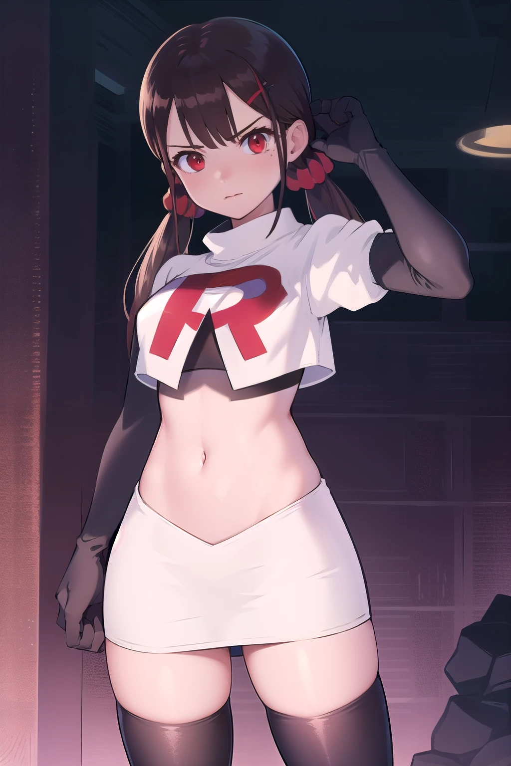 masterpiece, Highest quality, Ultra high definition, Spring Roll, Red eyes, Brown Hair, Low twin tails, Red scrunchie, Mole under the eye, Hair Clip, team rocket,team rocket uniform,white skirt,red letter R,crop top,black thigh-highs,black elbow gloves, cowboy shot,