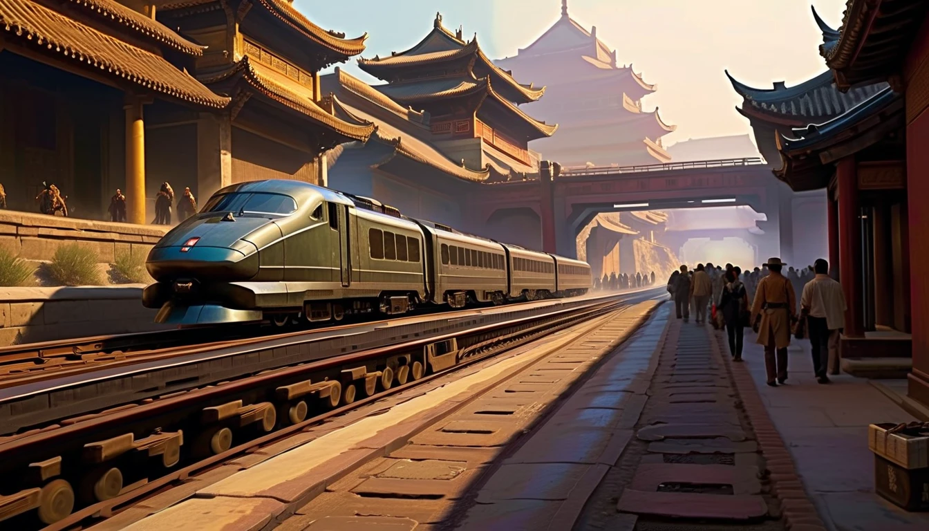 A painting of a sci-fi train passing through an ancient Chinese city，people standing on railroad tracks, Inspired by Stephen Cordell, amazing concept painting, Craig MullinsGreg Rutkoski, by Craig Mullins, Inspired by Craig Mullins, Highly realistic concept art, Dappled lighting by Craig Mullins, Steam engine matte paint, James Gurney painting style, Highly detailed 4K painting, craig mullins style