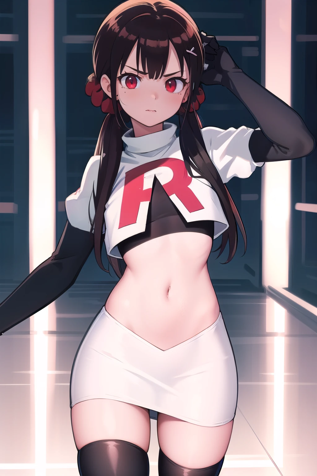 masterpiece, Highest quality, Ultra high definition, Spring Roll, Red eyes, Brown Hair, Low twin tails, Red scrunchie, Mole under the eye, Hair Clip, team rocket,team rocket uniform,white skirt,red letter R,crop top,black thigh-highs,black elbow gloves, cowboy shot,