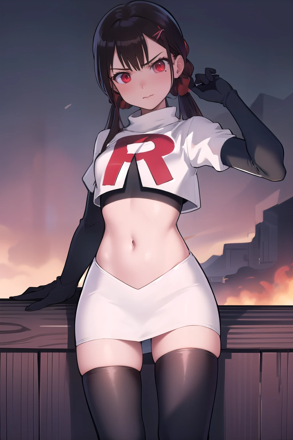 masterpiece, Highest quality, Ultra high definition, Spring Roll, Red eyes, Brown Hair, Low twin tails, Red scrunchie, Mole under the eye, Hair Clip, team rocket,team rocket uniform,white skirt,red letter R,crop top,black thigh-highs,black elbow gloves, cowboy shot,