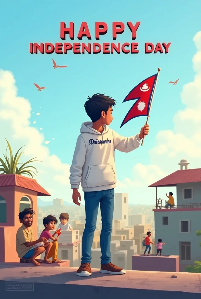 "Generate a real-life image of a 21-year-old (boy) joyfully celebrating Indian Independence Day. The individual is dressed in white pathani attire with the name 'MUJAVVIZ' prominently displayed on their clothing. The sky above them features the words 'Happy Independence Day' in a bold font. The background is red fort of india , creating a vibrant and patriotic atmosphere."
