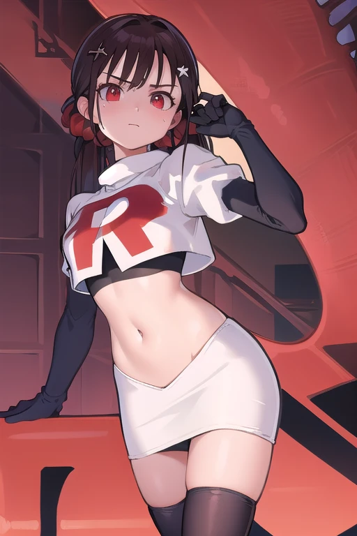 masterpiece, Highest quality, Ultra high definition, Spring Roll, Red eyes, Brown Hair, Low twin tails, Red scrunchie, Mole under the eye, Hair Clip, team rocket,team rocket uniform,white skirt,red letter R,crop top,black thigh-highs,black elbow gloves, cowboy shot,