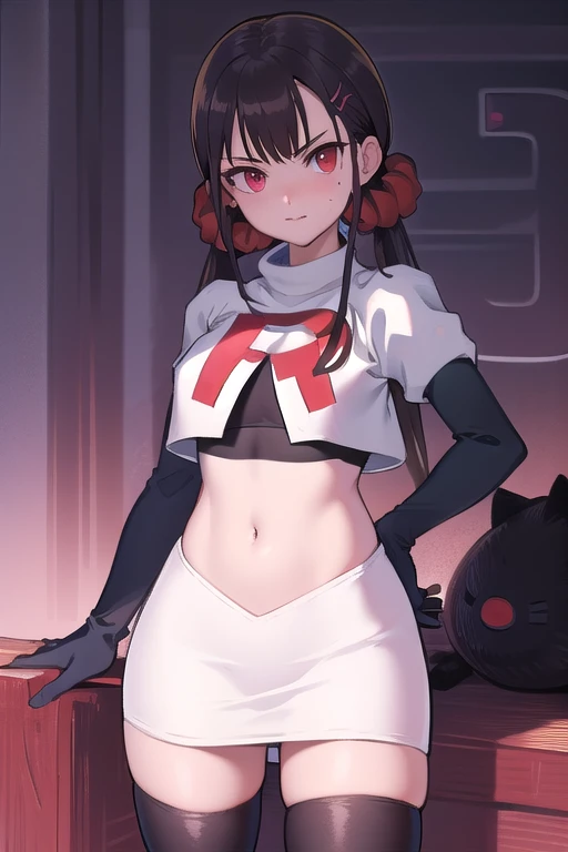 masterpiece, Highest quality, Ultra high definition, Spring Roll, Red eyes, Brown Hair, Low twin tails, Red scrunchie, Mole under the eye, Hair Clip, team rocket,team rocket uniform,white skirt,red letter R,crop top,black thigh-highs,black elbow gloves, cowboy shot,