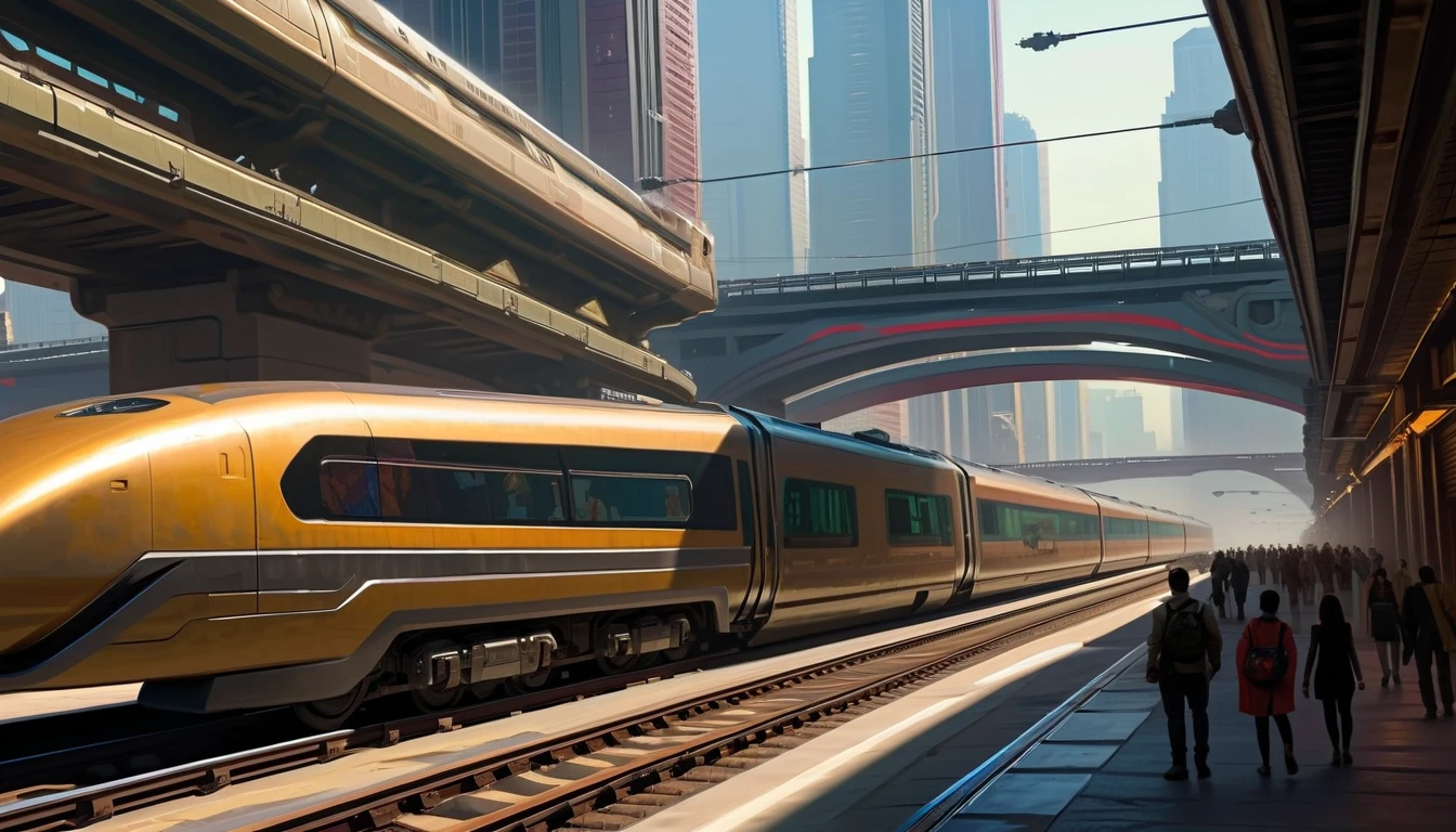 A painting of a sci-fi train passing through futuristic Chinese city，people standing on railroad tracks, Inspired by Stephen Cordell, amazing concept painting, Craig MullinsGreg Rutkoski, by Craig Mullins, Inspired by Craig Mullins, Highly realistic concept art, Dappled lighting by Craig Mullins, Steam engine matte paint, James Gurney painting style, Highly detailed 4K painting, craig mullins style