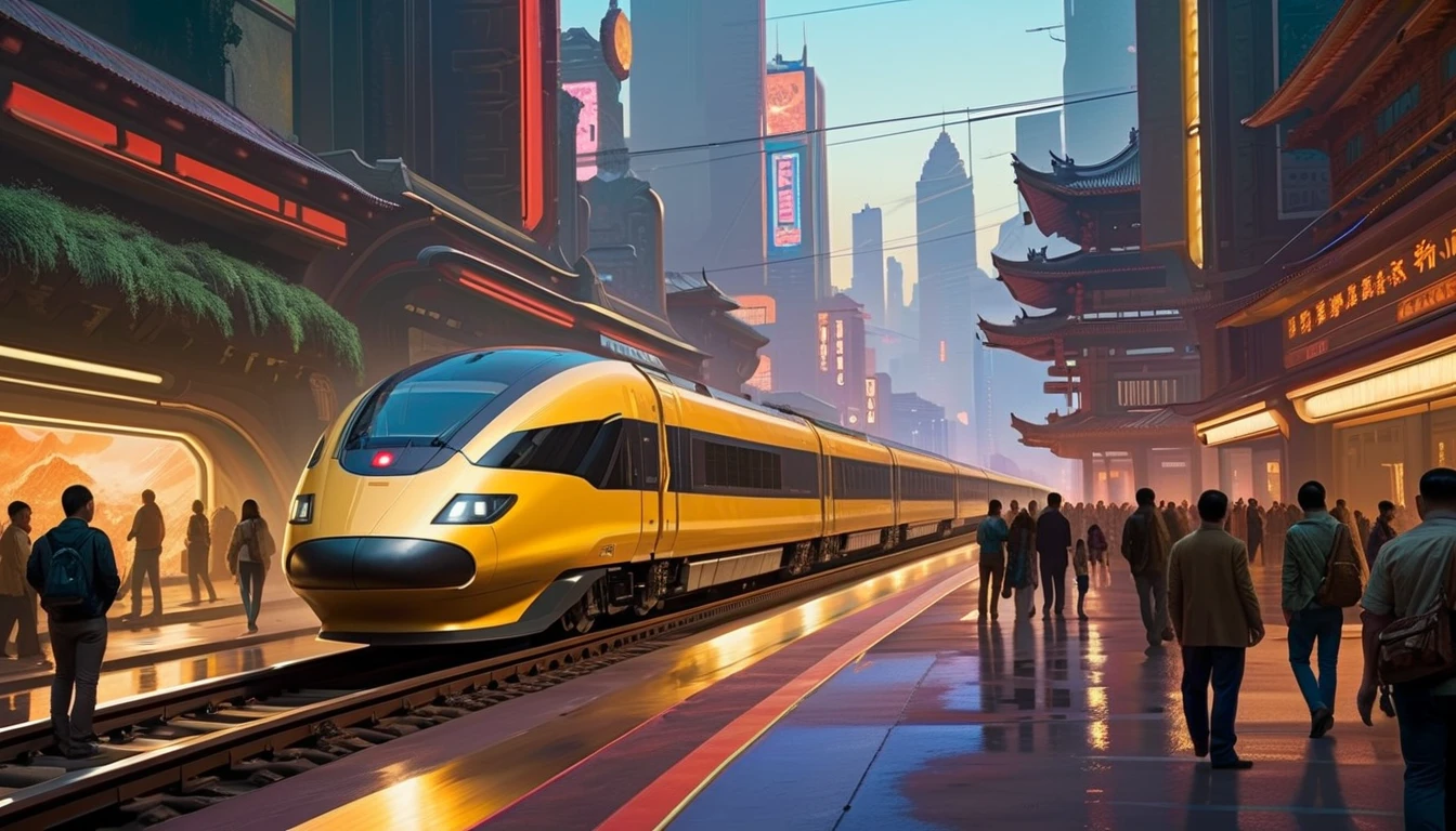 A painting of a sci-fi train passing through futuristic Chinese city，people standing on railroad tracks, Inspired by Stephen Cordell, amazing concept painting, Craig MullinsGreg Rutkoski, by Craig Mullins, Inspired by Craig Mullins, Highly realistic concept art, Dappled lighting by Craig Mullins, Steam engine matte paint, James Gurney painting style, Highly detailed 4K painting, craig mullins style