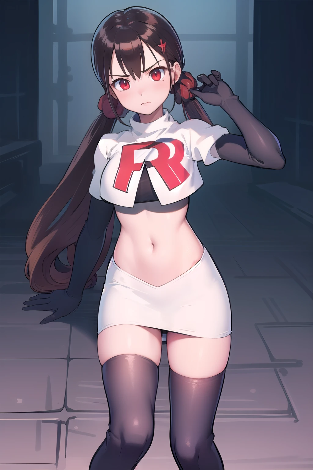 masterpiece, Highest quality, Ultra high definition, Spring Roll, Red eyes, Brown Hair, Low twin tails, Red scrunchie, Mole under the eye, Hair Clip, team rocket,team rocket uniform,white skirt,red letter R,crop top,black thigh-highs,black elbow gloves, cowboy shot,