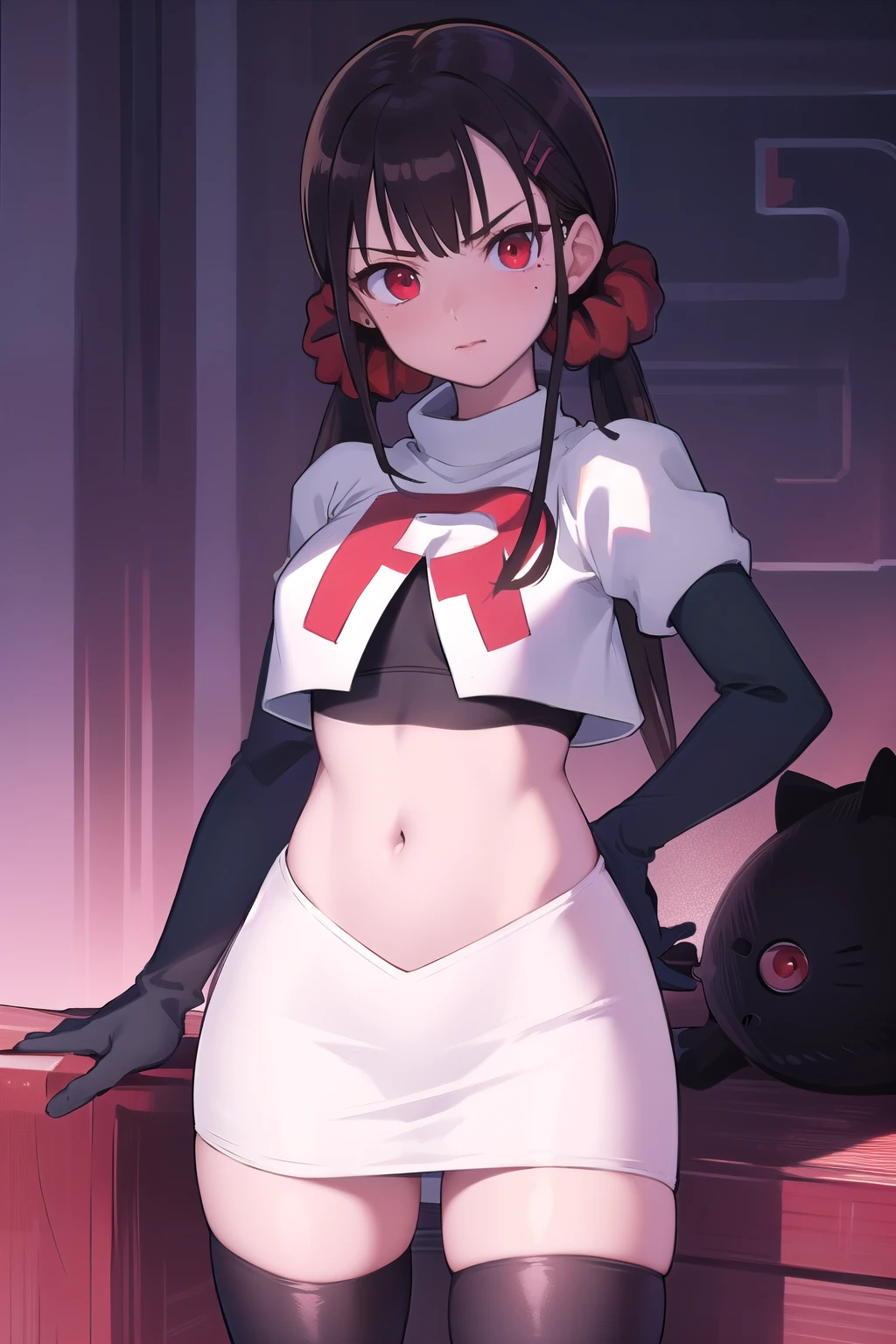 masterpiece, Highest quality, Ultra high definition, Spring Roll, Red eyes, Brown Hair, Low twin tails, Red scrunchie, Mole under the eye, Hair Clip, team rocket,team rocket uniform,white skirt,red letter R,crop top,black thigh-highs,black elbow gloves, cowboy shot,