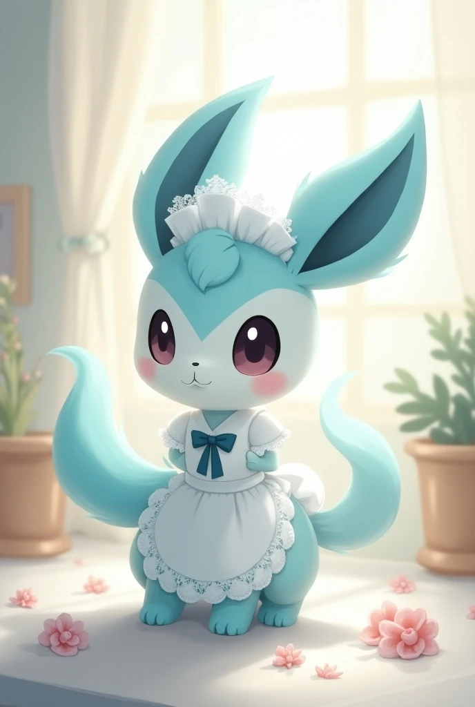 <lora:glaceon-v3-000024:1.2>glaceon,pokemon \(creature\), no humans,animal nose,clothed pokemon, maid apron,maid headdress, smile,open mouth, full body, indoors,, (masterpiece, best quality,absurdres: 1.2),, masterpiece,best quality,ultra-detailed,very detailed illustrations,extremely detailed,intricate details,highres,super complex details,extremely detailed 8k cg wallpaper