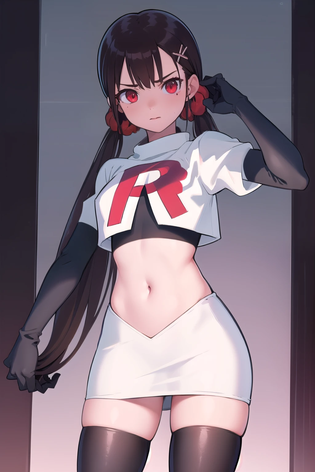 masterpiece, Highest quality, Ultra high definition, Spring Roll, Red eyes, Brown Hair, Low twin tails, Red scrunchie, Mole under the eye, Hair Clip, team rocket,team rocket uniform,white skirt,red letter R,crop top,black thigh-highs,black elbow gloves, cowboy shot,