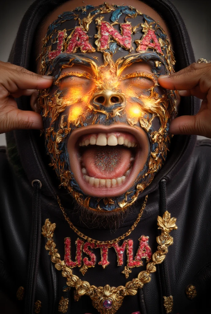 Humanoid monster with dark skin. He has horns on his forehead and his eyes are yellow and shiny. He has long yellow hair. He has a sadistic and cruel smile. On his forehead the word "Joy" is tattooed. He has two large wings on his back. He’s wearing a fancy suit with a tie. [Humanoid monster] [Yellow eyes] [Sadistic smile] [Yellow hair] [Fancy suit] [Wings]