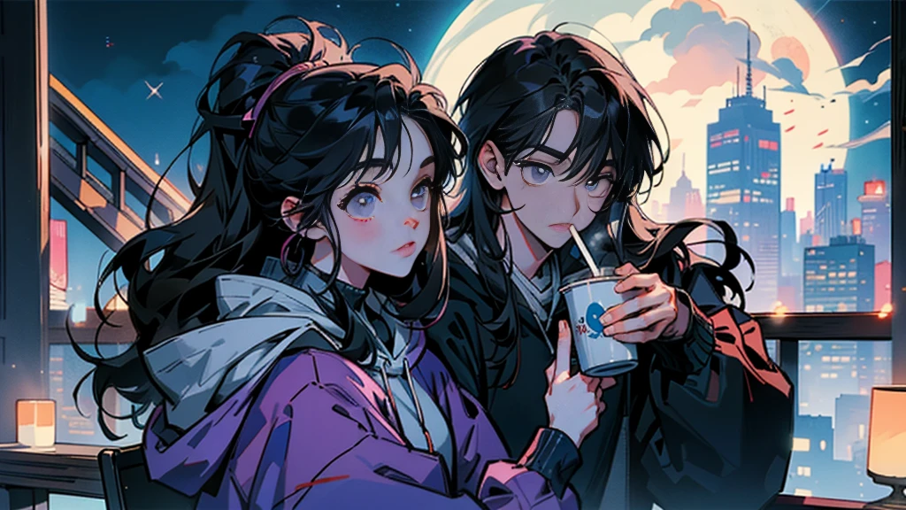 "80s anime style, featuring only one character: a beautiful adult woman with long, straight black hair, wearing a trendy hoodie, drinking coffee at home under the moonlight in nighttime Tokyo."