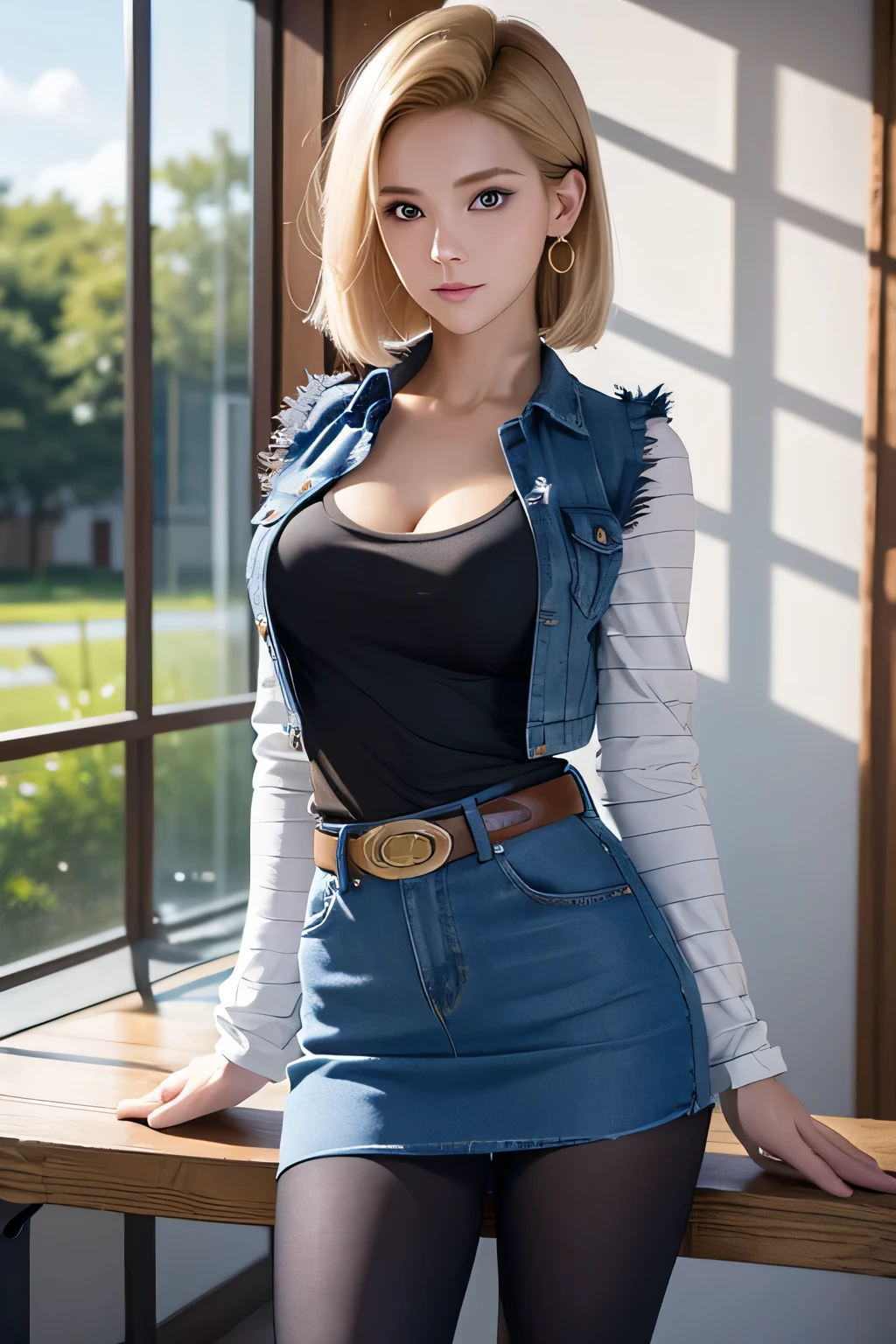 (highres,photorealistic) beautiful lady, short hair, (extremely detailed eyes and face, long eyelashes), (detailed lips), (vivid colors), (sharp focus), (studio lighting)One girl wears a denim skirt and a Black T-shirt with high cleavage shirt standing in front of the window, Young beautiful amouranth, hyper realistic anime, seductive anime girl, perfect android girl, photorealistic perfect body, realistic anime 3d style, beautiful blonde girl, beautiful alluring anime woman, hyperrealistic schoolgirl, sexy look, cyberpunk 2 0 y. o model girl, attractive anime girl, Android 18, Wind cut hair, Light Blonde hair, Blue Transparent eyes of Slavic Caucasians, The flash in the eyeballs is brilliant, Wearing round earrings, Tight Long sleeves with black stripes on a white background, Blue denim mini vest, Blue denim mini skirt, The denim skirt's zipper seam line and stitching run vertically straight to the bottom of the skirt, Open-chested denim vest, Large breasts, Women's Western Cowboy Belt, Brown see-through pantyhose, Western short boots, Looking at viewer, Her whole body is visible on the screen, Her entire body is visible on the screen, from her head to her boots, On a bench, Slight smiling with closed lips standing next to bench , Blue sky, , outside, park, grass, Summer, trees, blue sky, high quality, masterpiece,